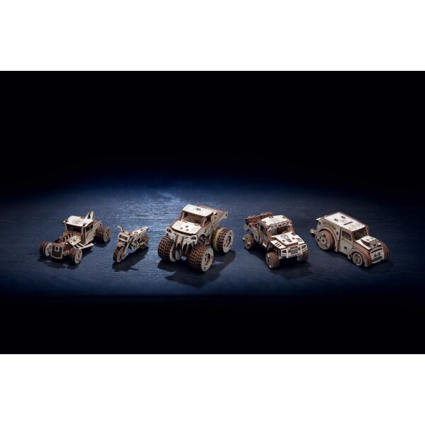 3D Mini wooden Model  - Vehicles Set (Monster Truck, Prerunner, Dragster, Hot Rod & Bike)