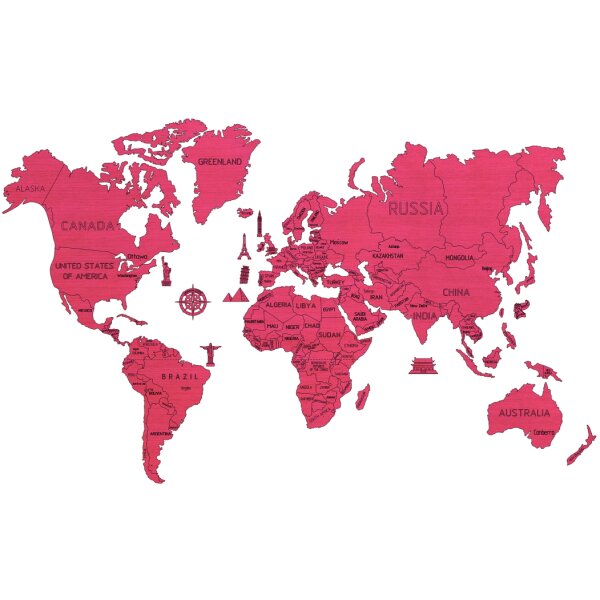 Mappa del mondo XL - Colore: Corallo (Magenta) - Puzzle da parette in legno
