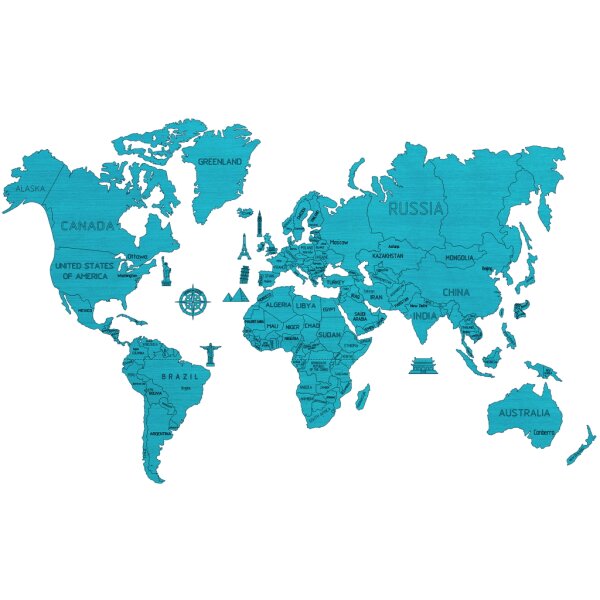 Carte du monde XL - Couleur: Cyan - Puzzle mural en bois