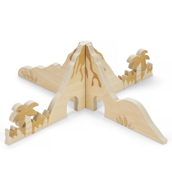 Slot-together wooden dinosaur world scene