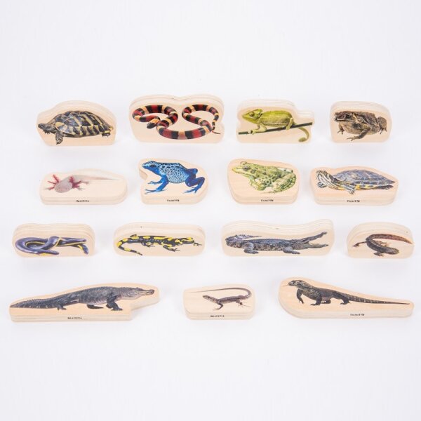 15 figurines de reptiles et damphibiens en blocs de bois
