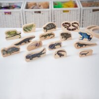 15 figurines de reptiles et damphibiens en blocs de bois