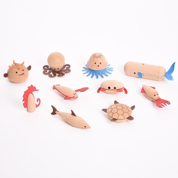 Set of 10 sea creature wooden figures
