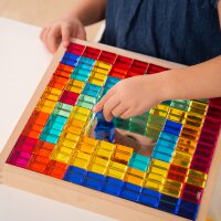 Set of 100 colored and transparent acrylic cubes and a wooden mirror box