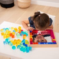 Set of 100 colored and transparent acrylic cubes and a wooden mirror box