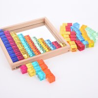 Set of 100 colored and transparent acrylic cubes and a wooden mirror box