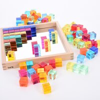 Set of 100 colored and transparent acrylic cubes and a wooden mirror box