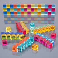 Set of 100 colored and transparent acrylic cubes and a wooden mirror box