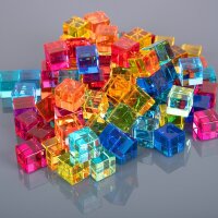 Set of 100 colored and transparent acrylic cubes and a wooden mirror box