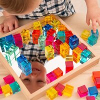 Set of 100 colored and transparent acrylic cubes and a wooden mirror box