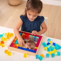 Set of 100 colored and transparent acrylic cubes and a wooden mirror box
