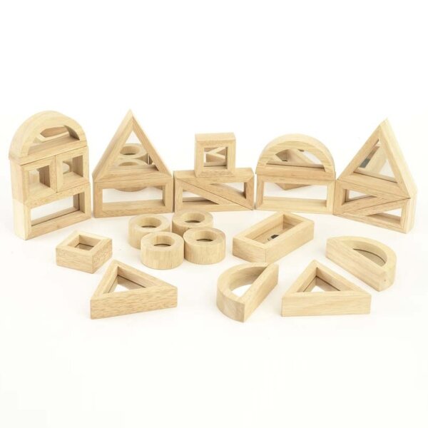 Ensemble de 24 formes g&eacute;om&eacute;triques en bois avec miroir int&eacute;gr&eacute;