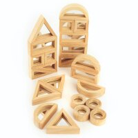 Ensemble de 24 formes g&eacute;om&eacute;triques en bois avec miroir int&eacute;gr&eacute;