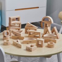 Ensemble de 24 formes g&eacute;om&eacute;triques en bois avec miroir int&eacute;gr&eacute;