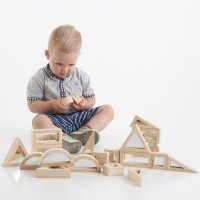 Ensemble de 24 formes g&eacute;om&eacute;triques en bois avec miroir int&eacute;gr&eacute;
