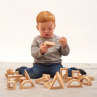 Ensemble de 24 formes g&eacute;om&eacute;triques en bois avec miroir int&eacute;gr&eacute;