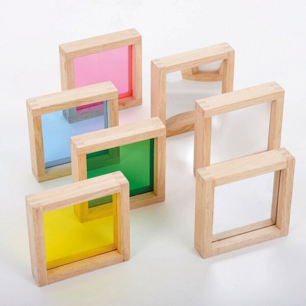 Set mit 7 Quatrat-Formen aus Holz mit farbigen und transparenten Blenden