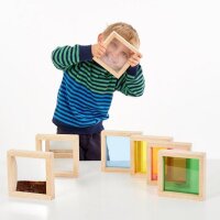 Set mit 7 Quatrat-Formen aus Holz mit farbigen und transparenten Blenden