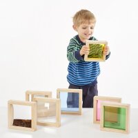 Set mit 7 Quatrat-Formen aus Holz mit farbigen und transparenten Blenden