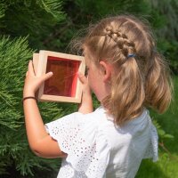 Set mit 7 Quatrat-Formen aus Holz mit farbigen und transparenten Blenden