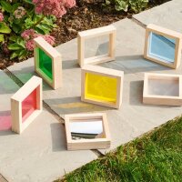 Set mit 7 Quatrat-Formen aus Holz mit farbigen und transparenten Blenden