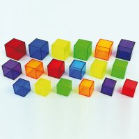 </p>54 cubi di plastica trasparente di diverse dimensioni e colori.</p>