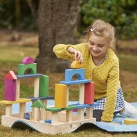 </p>Contiene un totale di 54 grandi blocchi di legno lisci con design tradizionali e un mix di colori naturali e arcobaleno.</p>
