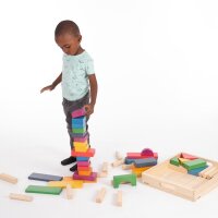 </p>Contiene un totale di 54 grandi blocchi di legno lisci con design tradizionali e un mix di colori naturali e arcobaleno.</p>