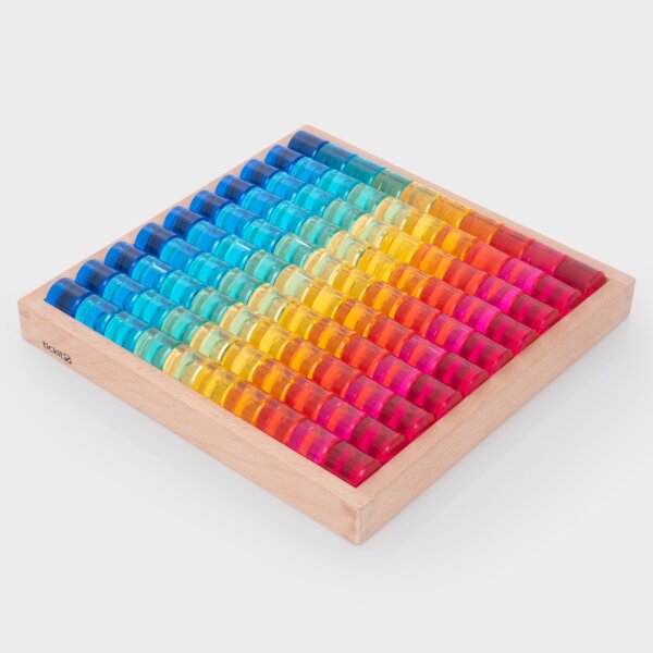 Set di 100 blocchi cilindrici acrilici colorati, incluso vassoio in legno con fondo a specchio