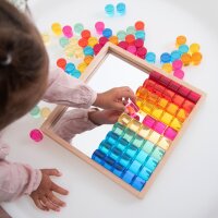 Set di 100 blocchi cilindrici acrilici colorati, incluso vassoio in legno con fondo a specchio