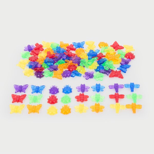 Set di 96 forme di insetti in plastica colorata e traslucida, inclusa scatola portaoggetti