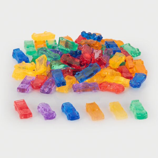 Lot de 72 figurines de voitures en plastique translucide et color&eacute; dans une bo&icirc;te de rangement