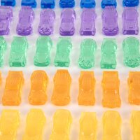 Lot de 72 figurines de voitures en plastique translucide et color&eacute; dans une bo&icirc;te de rangement