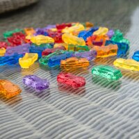 Lot de 72 figurines de voitures en plastique translucide et color&eacute; dans une bo&icirc;te de rangement