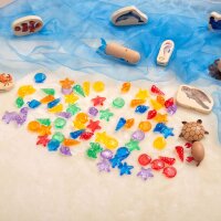 Set di 72 conchiglie colorate e traslucide e creature marine in plastica in una scatola portaoggetti