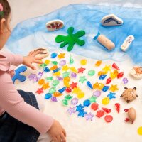 Set di 72 conchiglie colorate e traslucide e creature marine in plastica in una scatola portaoggetti