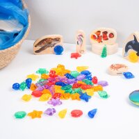 Set di 72 conchiglie colorate e traslucide e creature marine in plastica in una scatola portaoggetti