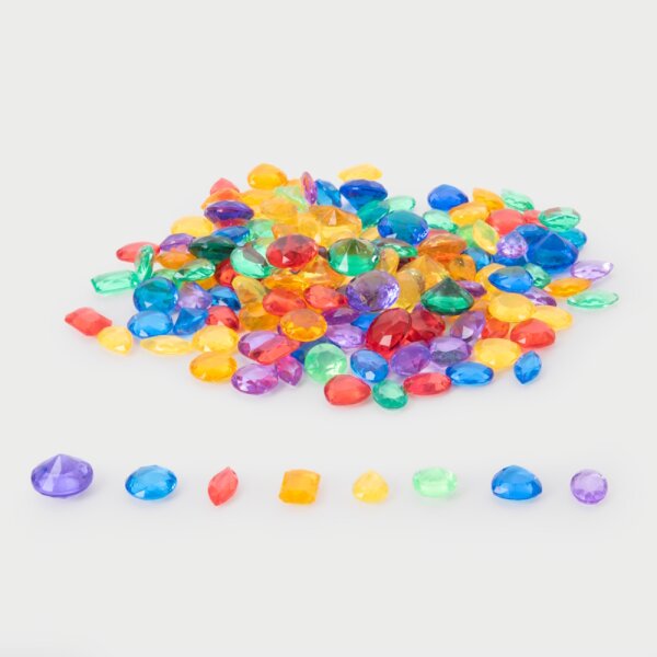 Set with 144 colorful, translucent plastic gems in a storage box