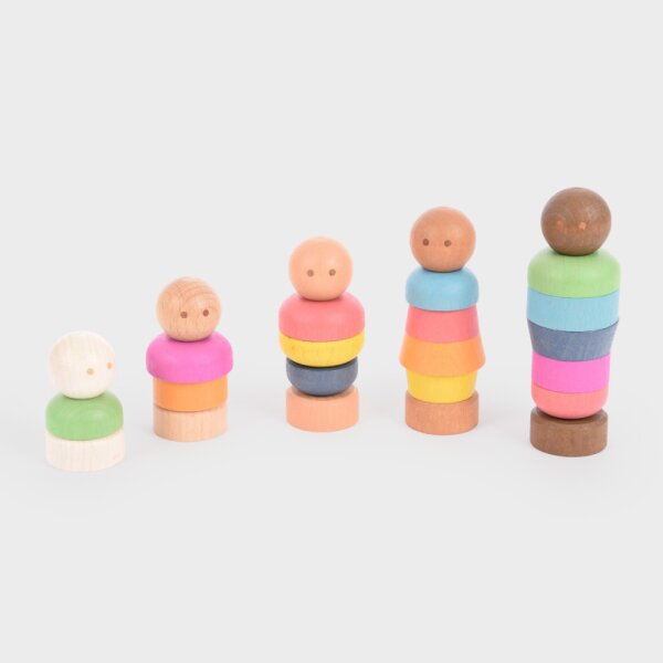 Set con 5 figure in legno colorate da avvitare insieme per giochi di gruppo e di ruolo, inclusa borsa portaoggetti
