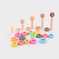 Set con 5 figure in legno colorate da avvitare insieme per giochi di gruppo e di ruolo, inclusa borsa portaoggetti