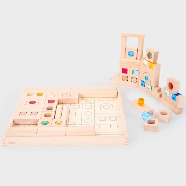 Coffret de 83 blocs de construction en bois et &eacute;l&eacute;ments en pierres pr&eacute;cieuses acryliques &ndash; y compris un plateau avec base miroir