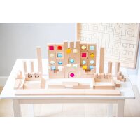 Coffret de 83 blocs de construction en bois et &eacute;l&eacute;ments en pierres pr&eacute;cieuses acryliques &ndash; y compris un plateau avec base miroir