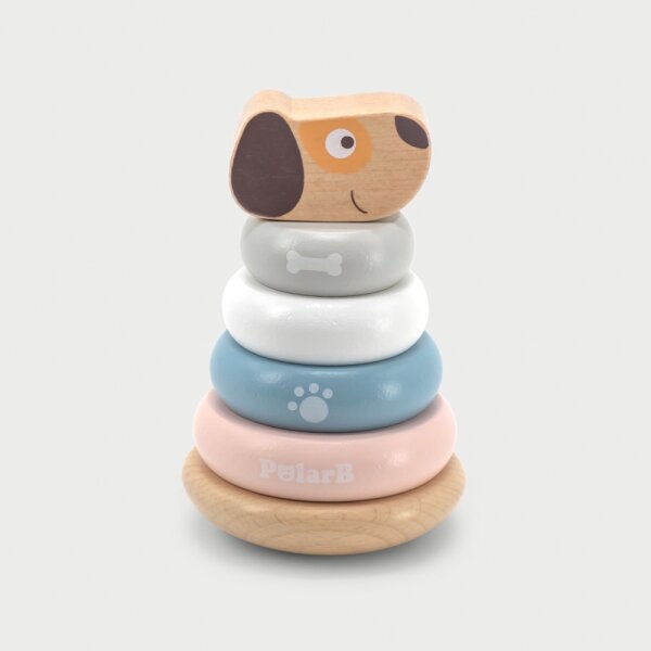 Tour dempilage pour chiots &ndash; Jeu dempilage en bois avec 4 anneaux et t&ecirc;te danimal