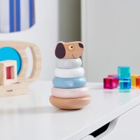 Tour dempilage pour chiots &ndash; Jeu dempilage en bois avec 4 anneaux et t&ecirc;te danimal