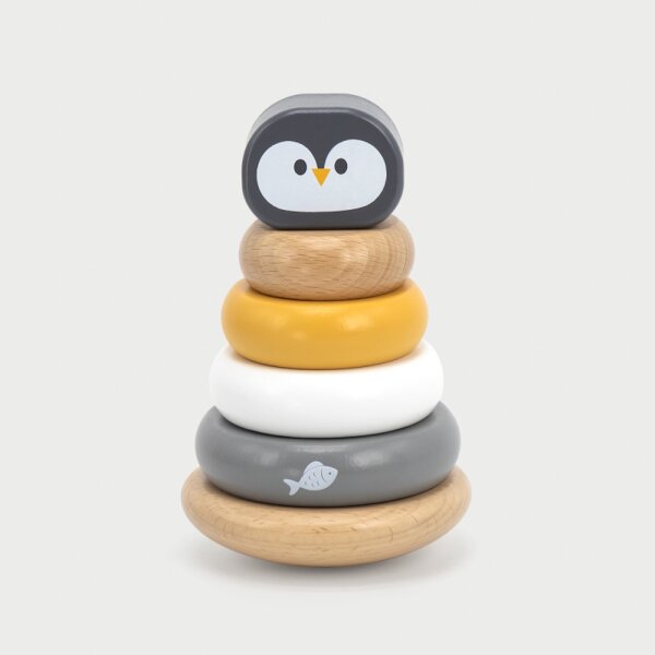 Penguin stacking tower - Wooden stacking game with 4 rings & animal head