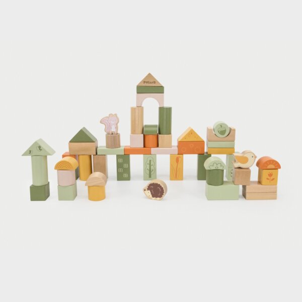 Lot de 50 blocs de construction en bois &ndash; Ensemble de construction imprim&eacute; en couleurs avec motifs forestiers, y compris un seau de rangement