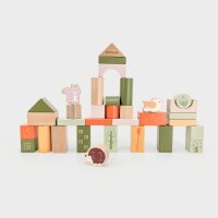 Lot de 50 blocs de construction en bois &ndash; Ensemble de construction imprim&eacute; en couleurs avec motifs forestiers, y compris un seau de rangement
