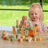 Lot de 50 blocs de construction en bois &ndash; Ensemble de construction imprim&eacute; en couleurs avec motifs forestiers, y compris un seau de rangement