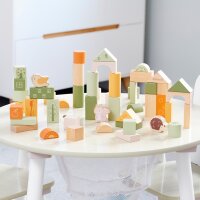 Lot de 50 blocs de construction en bois &ndash; Ensemble de construction imprim&eacute; en couleurs avec motifs forestiers, y compris un seau de rangement