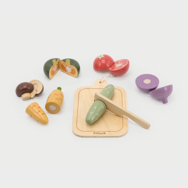 Set per tagliare le verdure - Giocattolo in legno con tagliere, coltello e verdure con chiusura in velcro (8 pezzi)